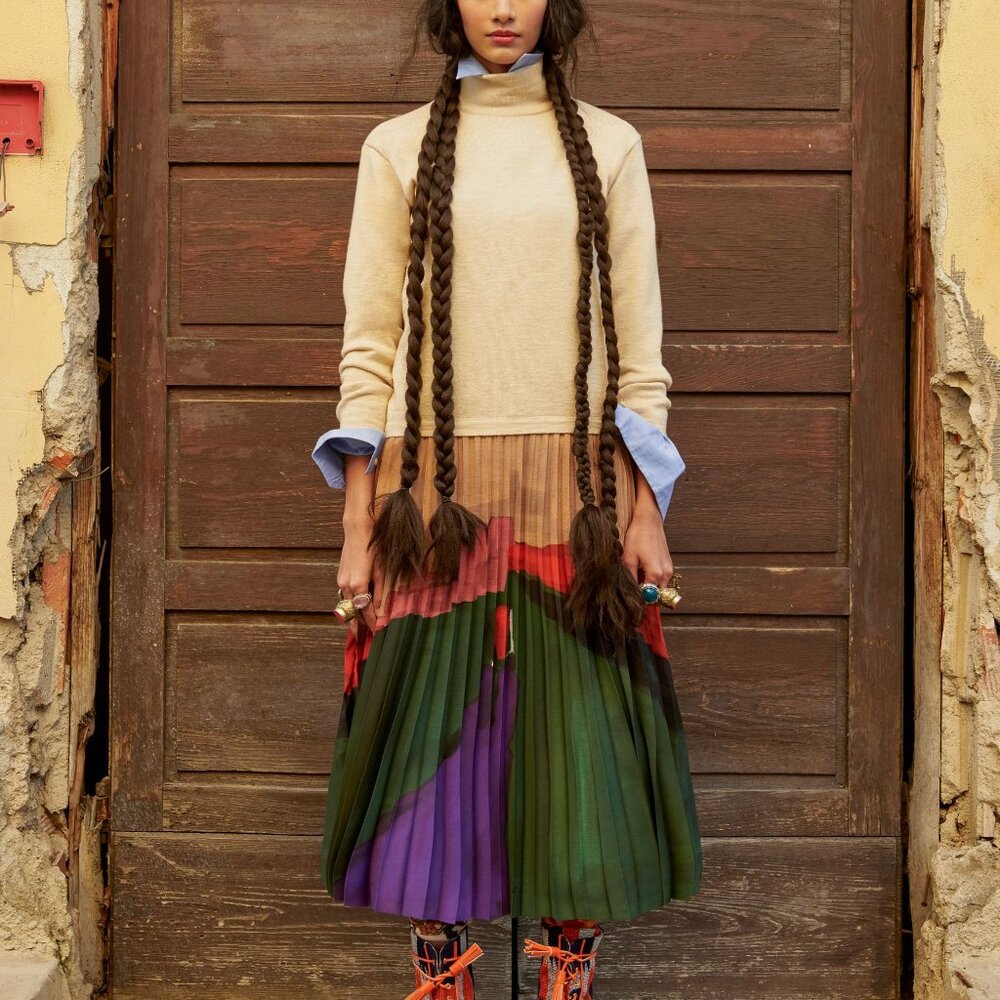 Stella Jean AW/21 Beige Wool Pleated-Skirt Midi Dress